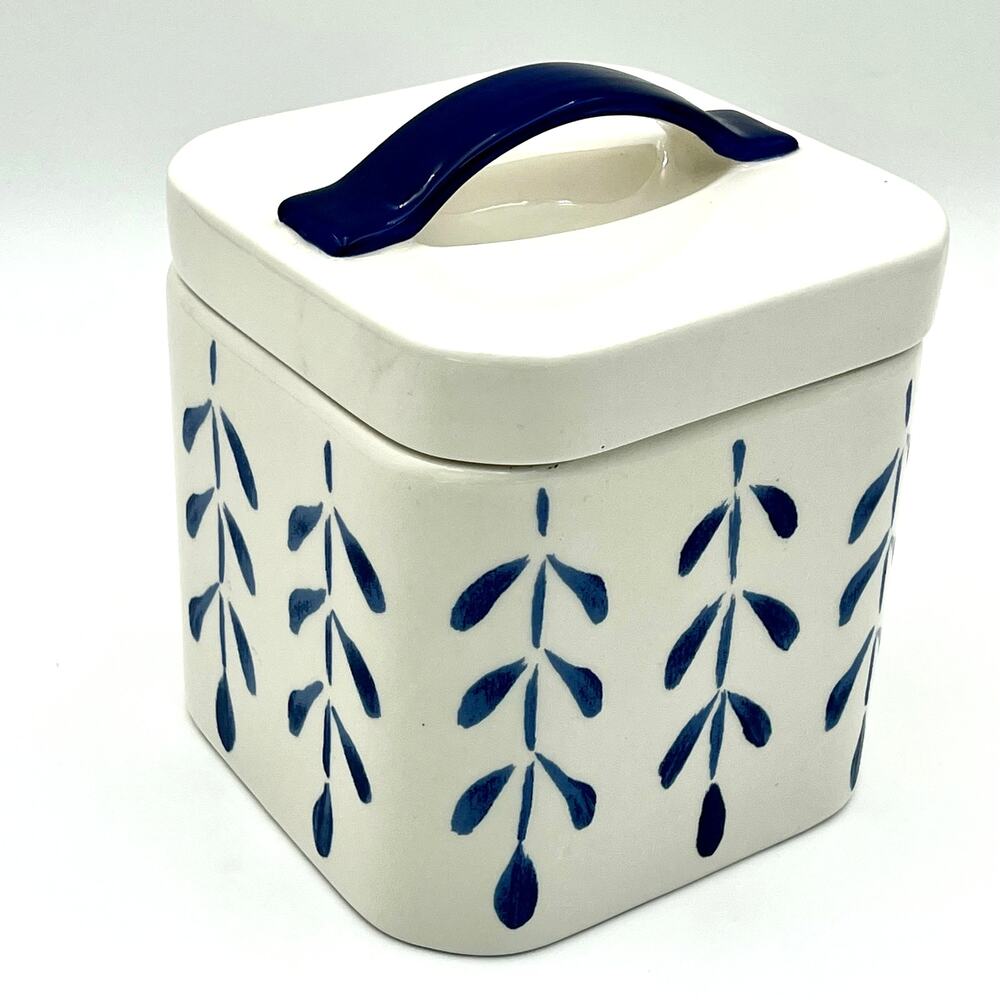 Prima Design Ceramic Canister Lidded White Cobalt Blue Leaf Kitchen Storage Jar